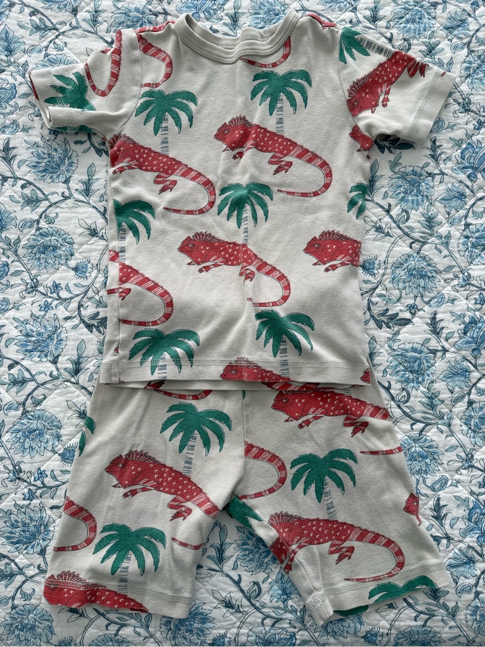 Tea 7 Kids Short Sleeve Pajama Set with Red Lizard Print and Green Palms